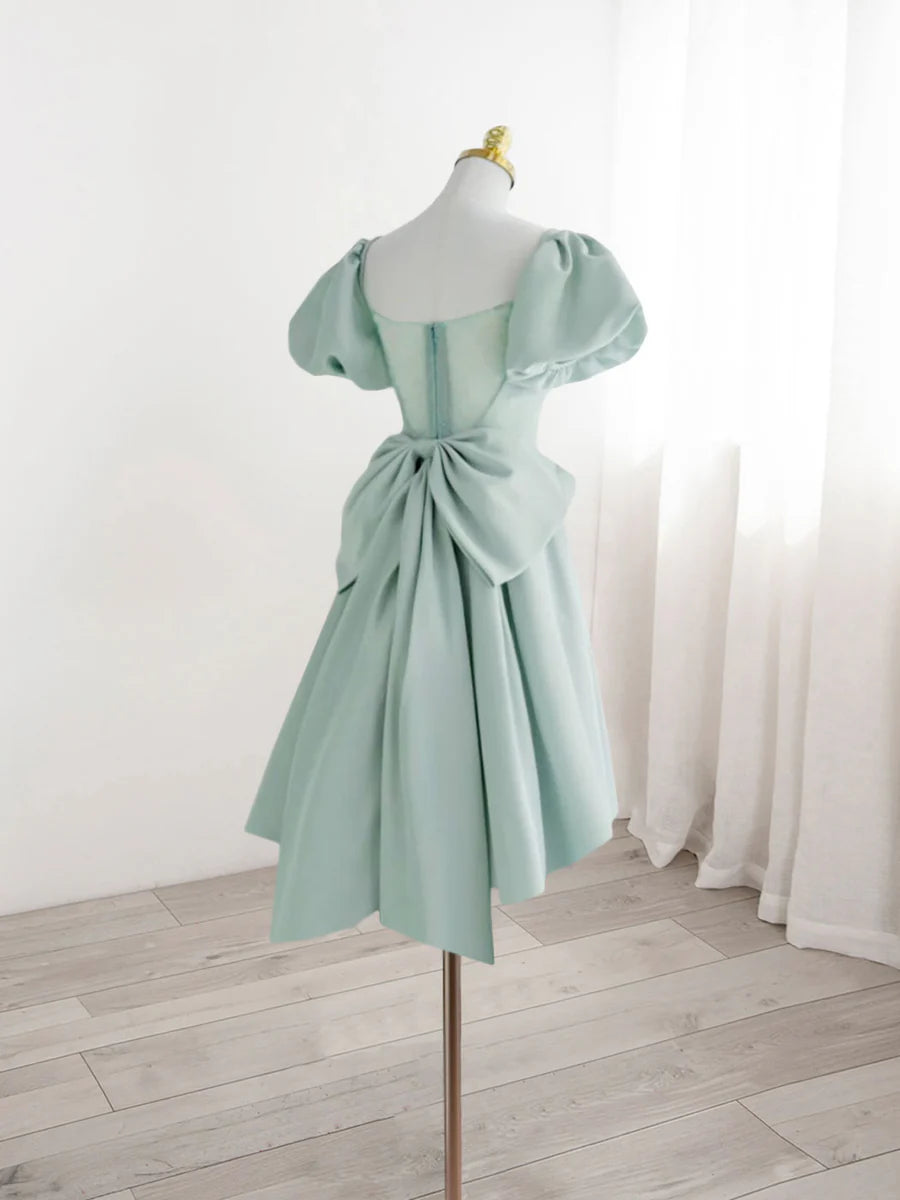 Buyishang A-Line Green Puffy Sleeve Short Prom Dress Green Formal Dress