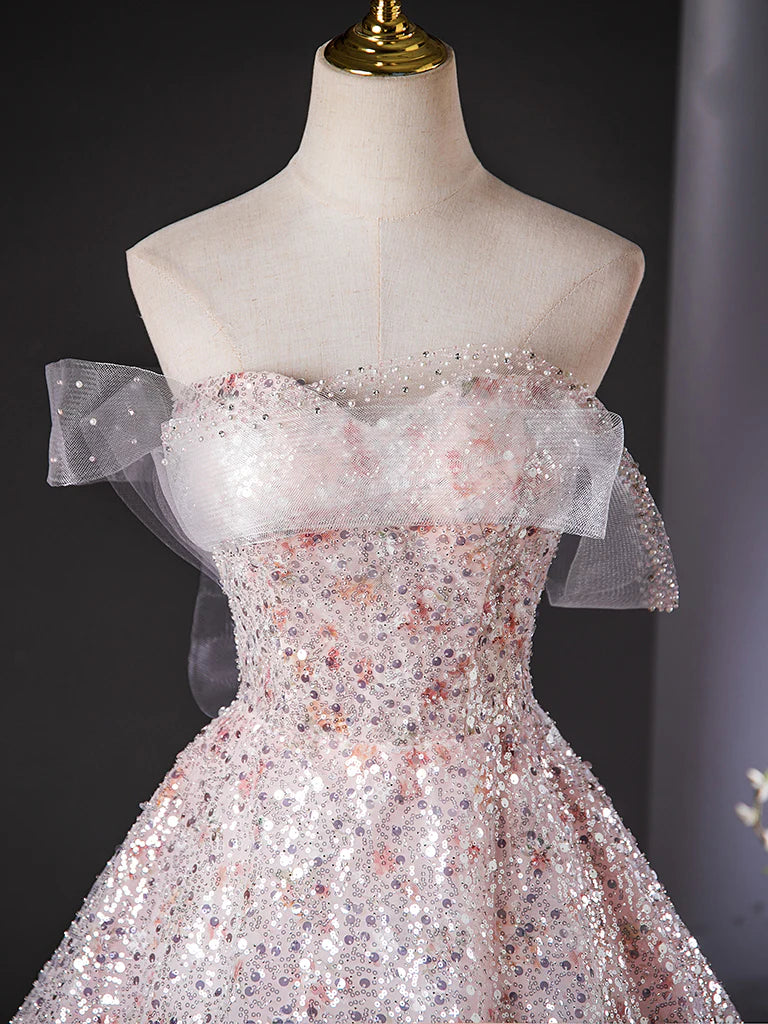 Buyishang A-Line Tulle Lace Sequin Pink Long Prom Dress Pink Long Evening Dress