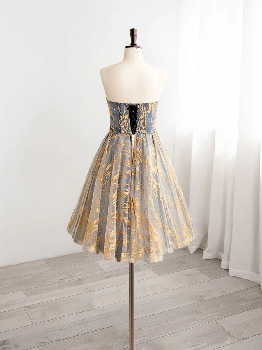 Buyishang A-Line Gold/Blue Lace Short Prom Dress Cute Homecoming Dress with Beading