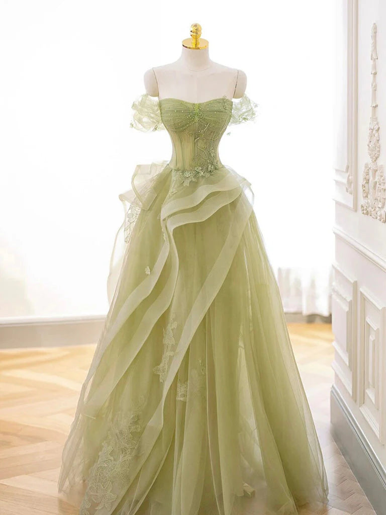 Buyishang A-Line Off Shoulder Tulle Lace Green Long Prom Dress Green Lace Long Formal Dress