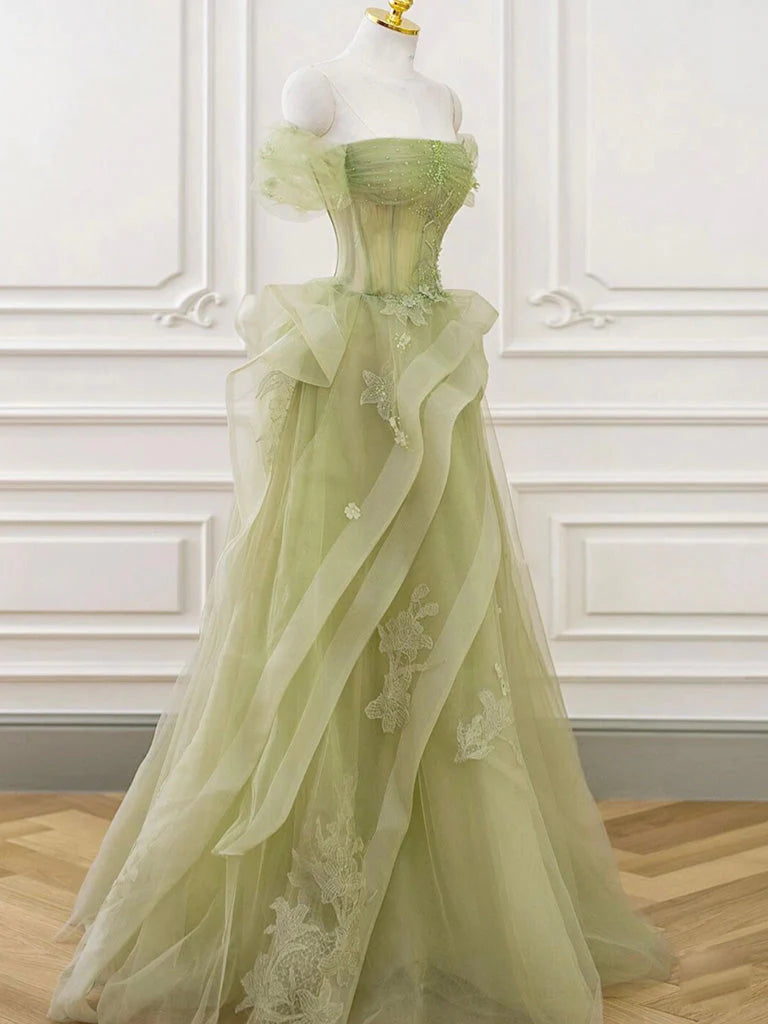 Buyishang A-Line Off Shoulder Tulle Lace Green Long Prom Dress Green Lace Long Formal Dress