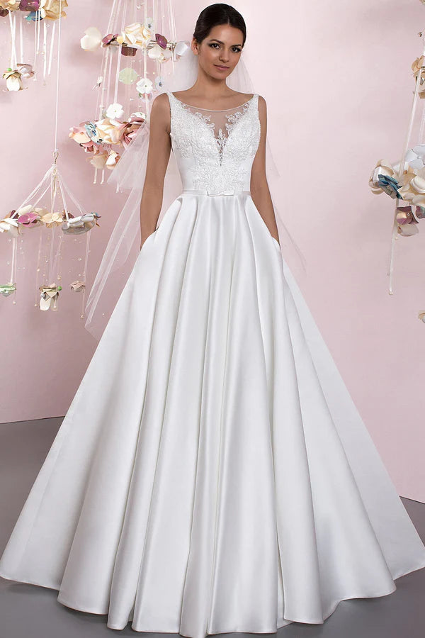 Buyishang A-Line Illusion Neck Sleeveless Floor-Length Satin Wedding Dress With Pleats