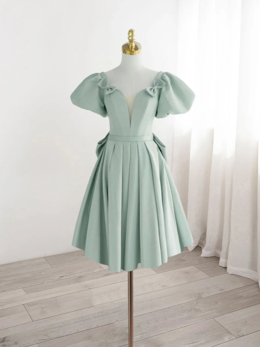 Buyishang A-Line Green Puffy Sleeve Short Prom Dress Green Formal Dress