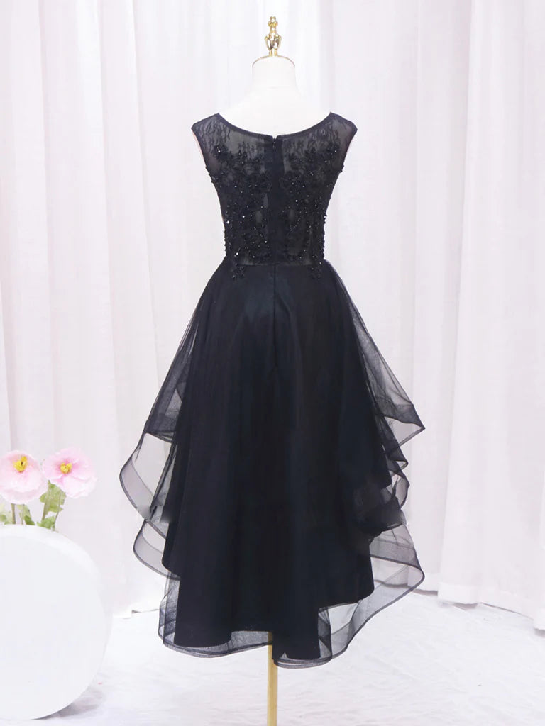 Buyishang A-Line Lace Tulle Black Short Prom Dress High Low Black Homecoming Dress