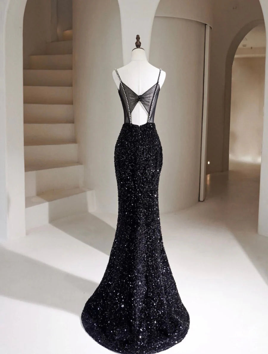 Buyishang Simple Mermaid Velvet Sequin Black Long Prom Dress Black Long Evening Dress