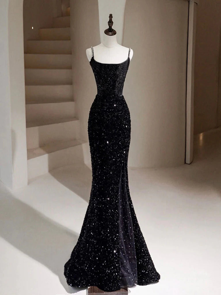 Buyishang Simple Mermaid Velvet Sequin Black Long Prom Dress Black Long Evening Dress