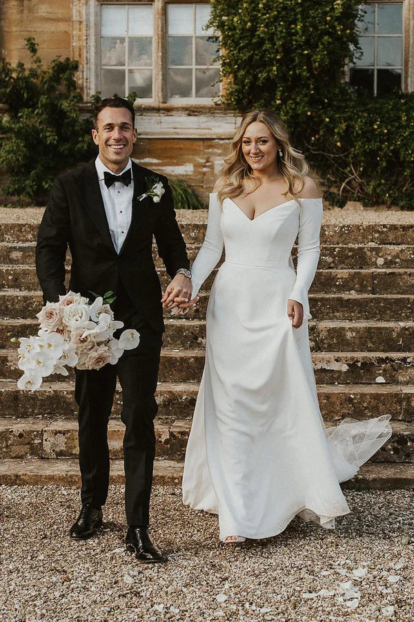 Buyishang Simple A-Line Off the Shoulder Long Sleeves White Satin Wedding Dresses