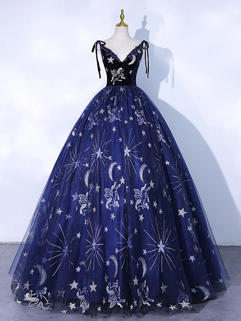 Buyishang Dark Blue A-Line Tulle Lace Long Prom Dress Dark Blue Long Formal Dress