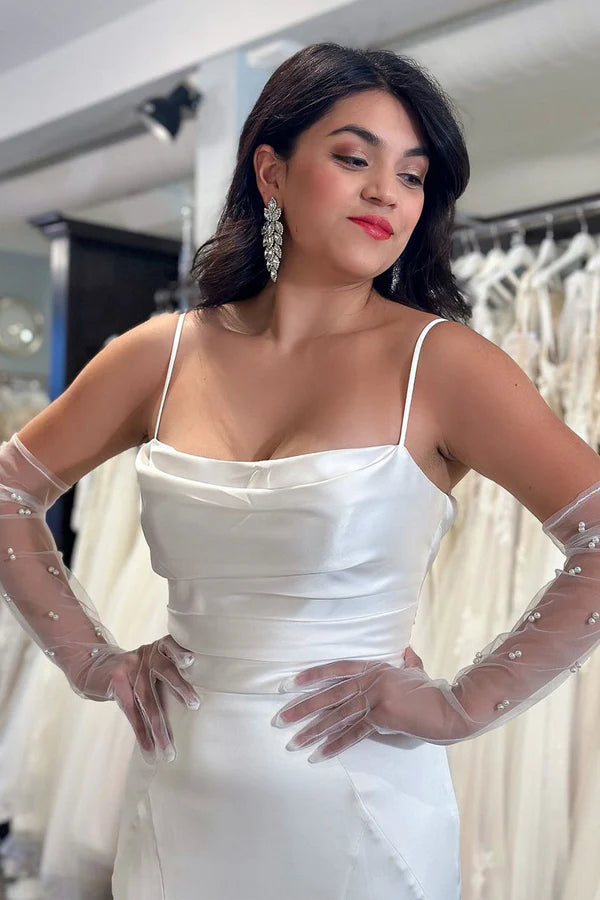 Buyishang Mermaid White Cowl Neck Silk Satin Wedding Dresses