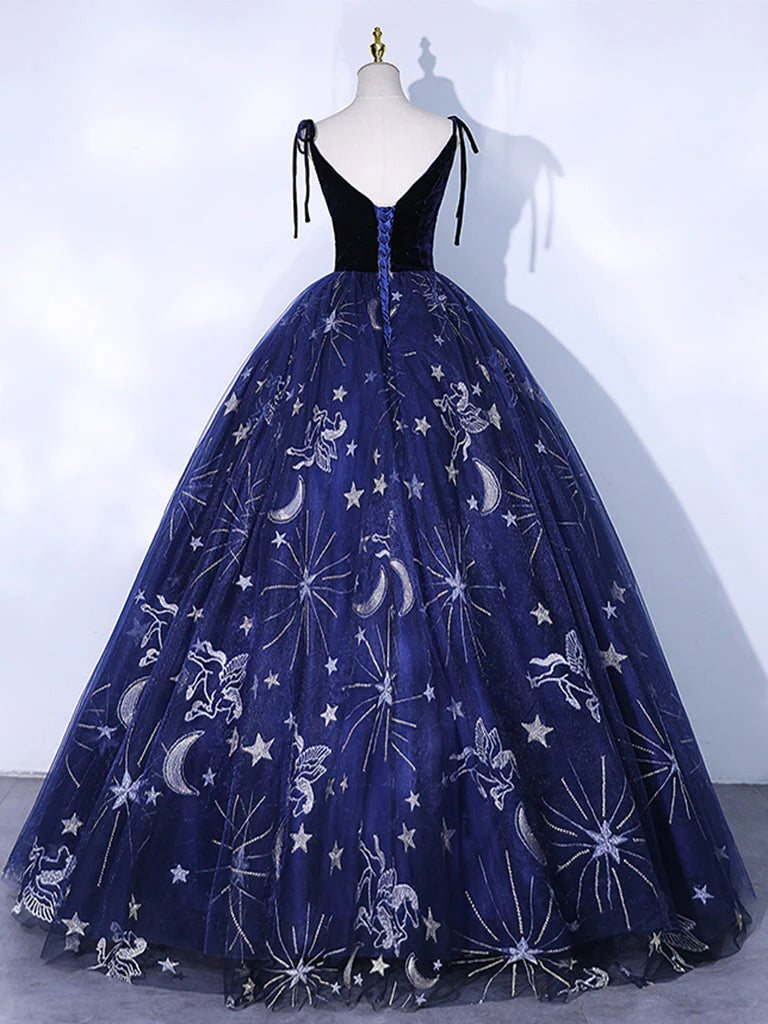 Buyishang Dark Blue A-Line Tulle Lace Long Prom Dress Dark Blue Long Formal Dress