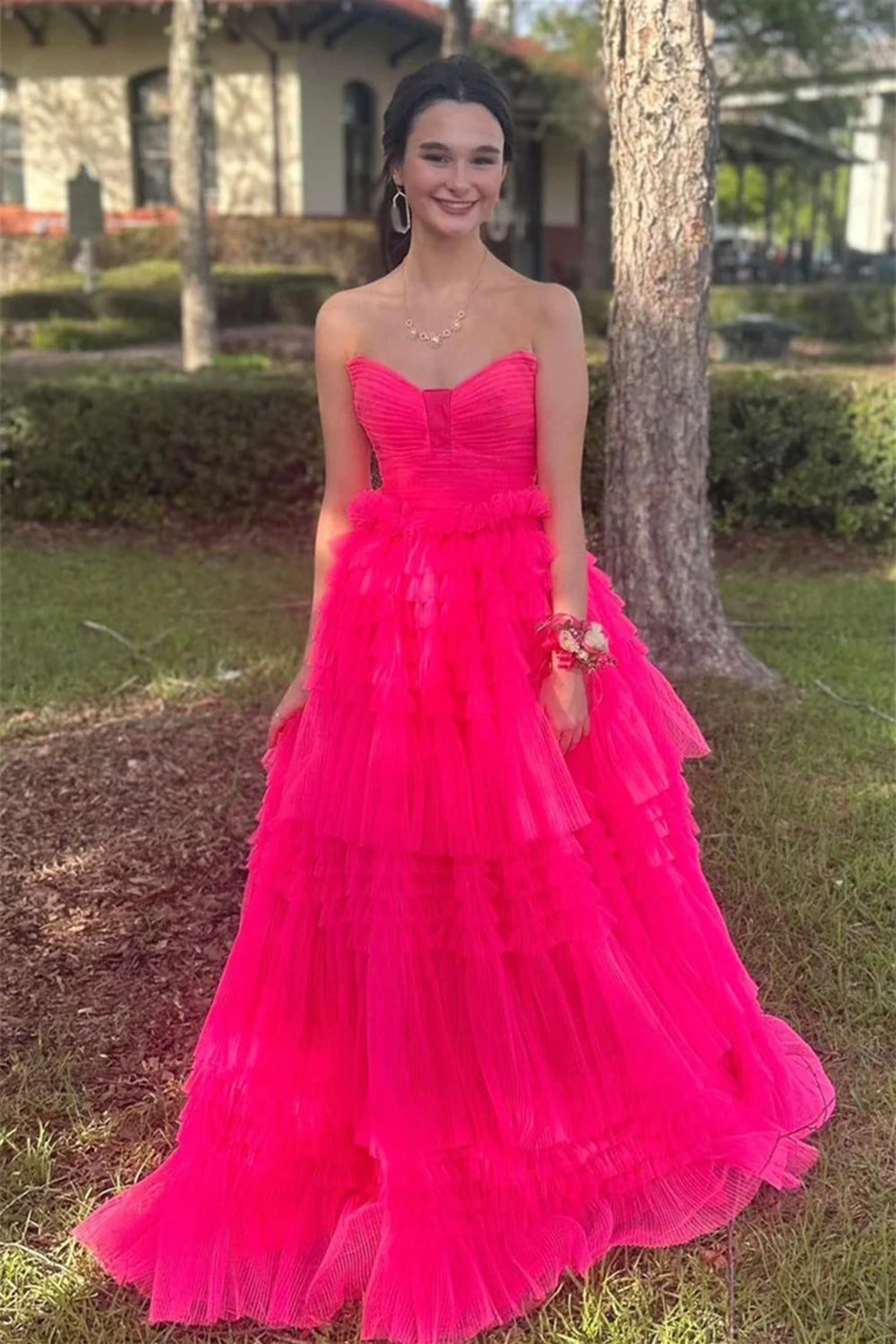 Trendy A Line Strapless Hot Pink Long Prom Dress with Ruffles