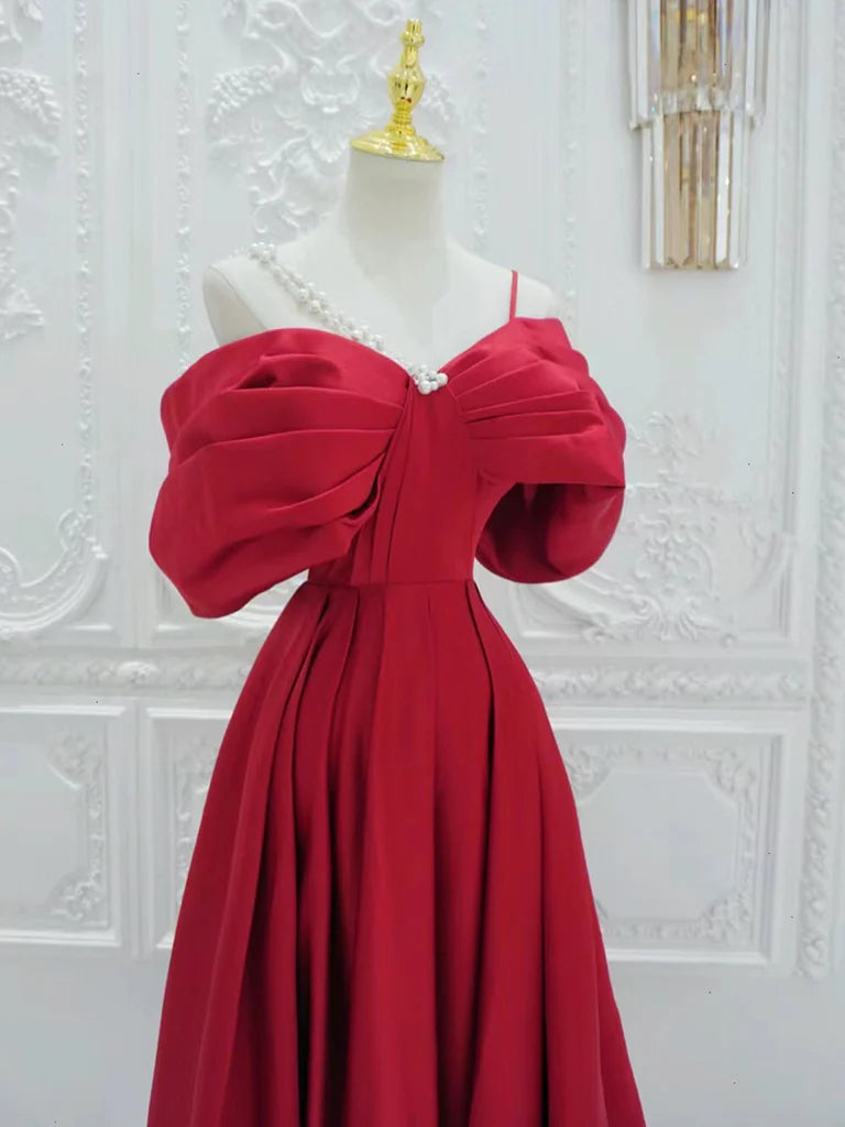 Buyishang A-Line Satin Off Shoulder Red Long Prom Dress Red Long Evening Dress