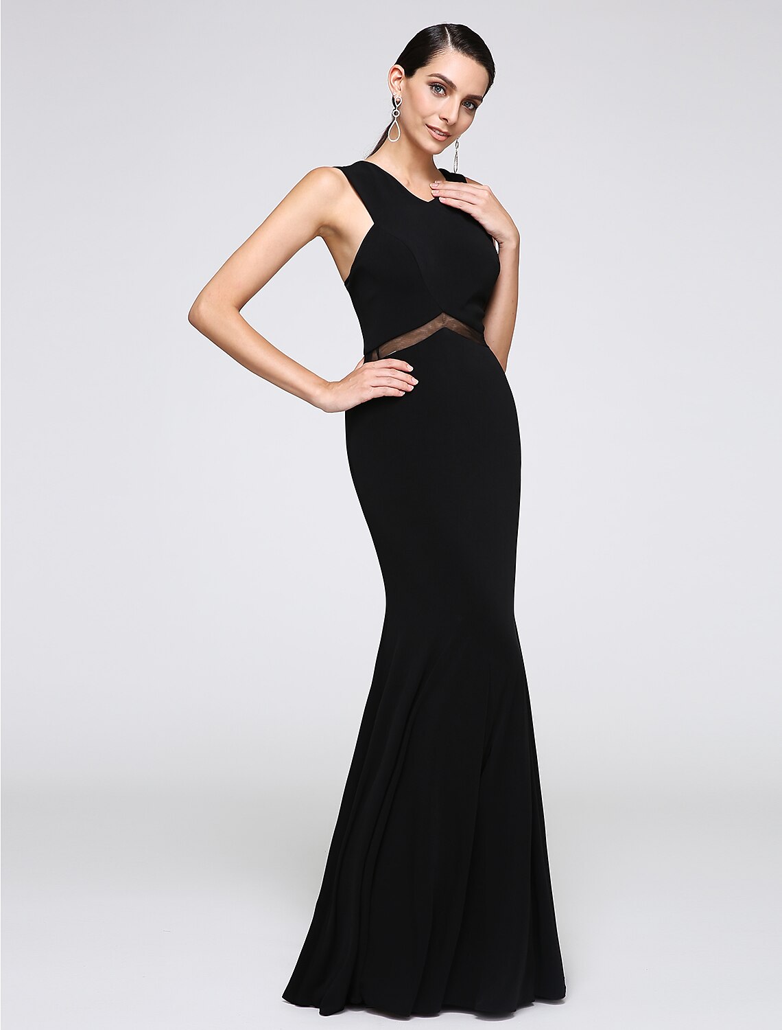 Y Neck Floor Length Jersey Minimalist Holiday / Cocktail Party / Formal Evening Dress with Lace