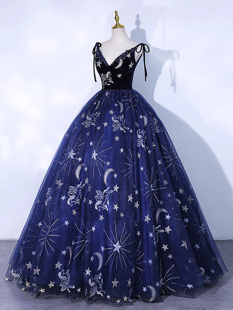 Buyishang Dark Blue A-Line Tulle Lace Long Prom Dress Dark Blue Long Formal Dress