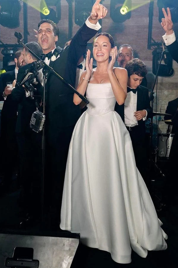 Buyishang White Strapless Satin A-Line Wedding Dresses