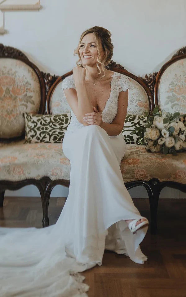 Buyishang Sheath V-neck Chiffon Modern Wedding Dress With Short Sleeve And Sweep Train