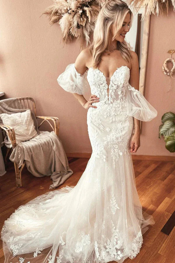 Buyishang Charming Mermaid Sweetheart Lace Wedding Dresses with Appliques