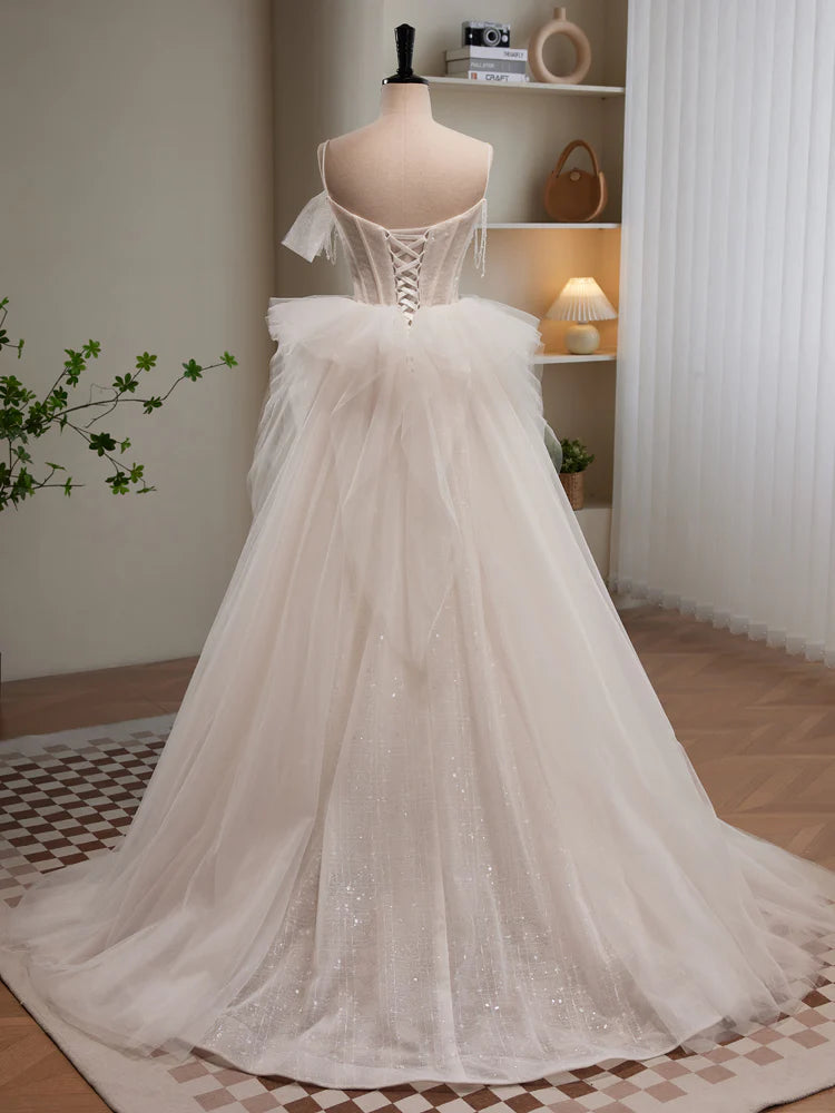 Buyishang Light Champagne Tulle Beading Long Prom Dress Light Champagne Formal Dress