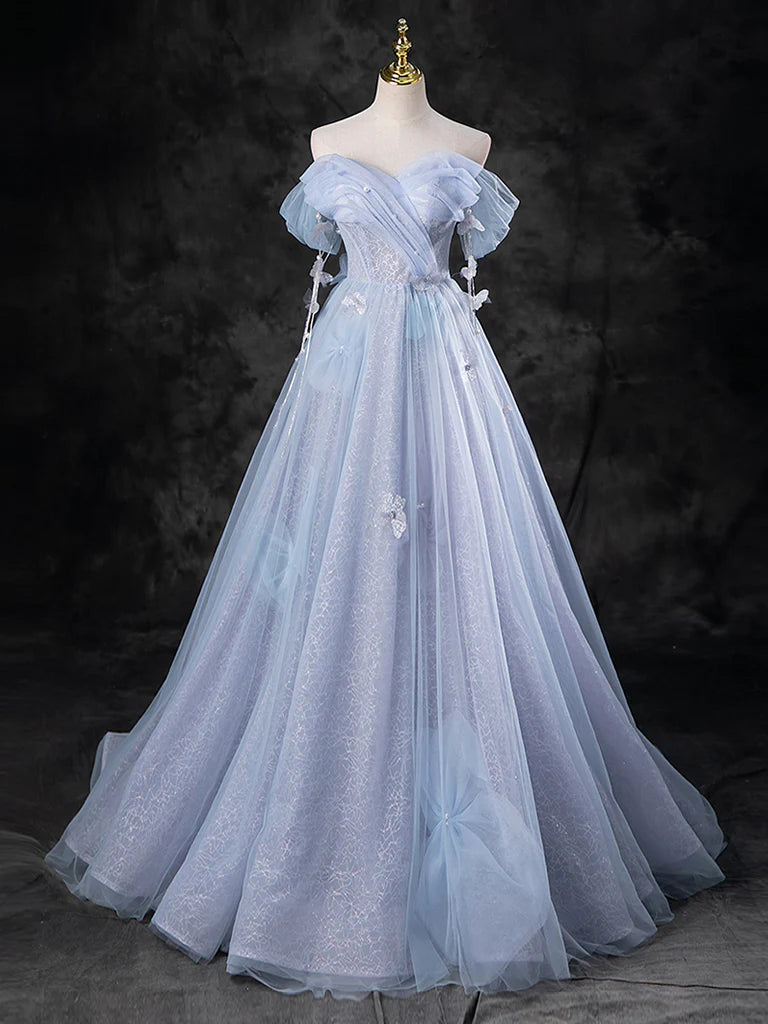 Buyishang Blue A-Line Off Shoulder Tulle Long Prom Dress Blue Formal Dress
