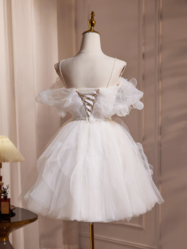 Buyishang A-Line Off Shoulder Tulle White Short Prom Dress Cute White Homecoming Dress