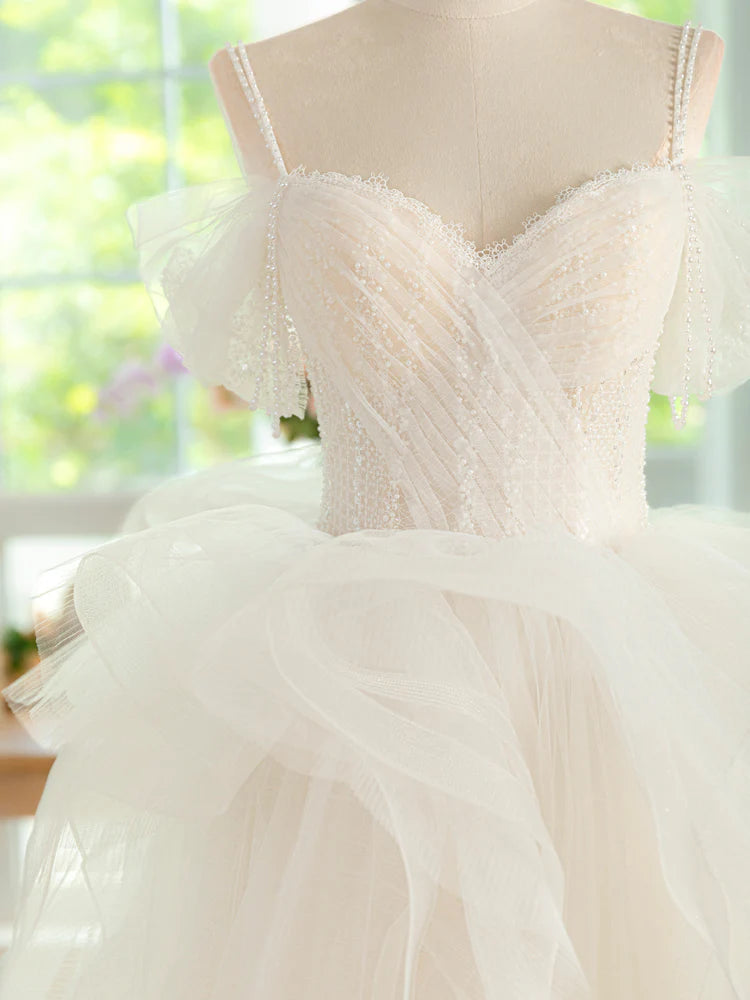Buyishang Sweetheart Neck Tulle Beads Light Champagne Long Prom Dress Light Champagne Formal Dress