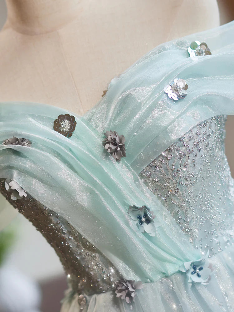 Buyishang A-Line Off Shoulder Tulle Short Prom Dress Green Homecoming Dress