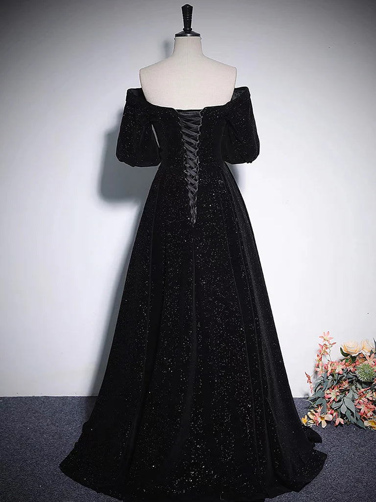 Buyishang A-Line V Neck Velvet Black Long Prom Dress Black Formal Evening Dress