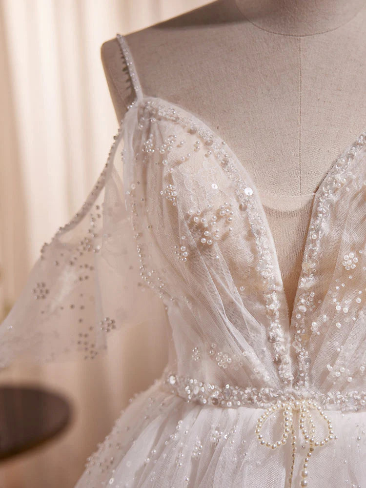 Buyishang Beige A-line Tulle Beading Long Prom Dress Beige Formal Dress