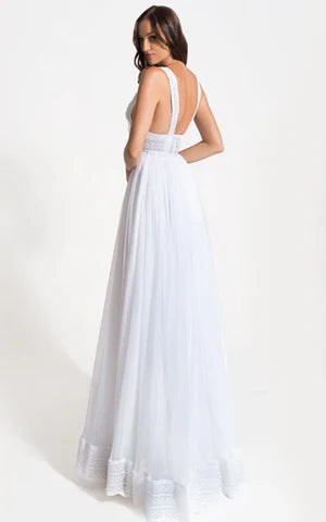 Buyishang Grecian A-Line V-neck Lace Tulle Wedding Dress With Open Back And Appliques