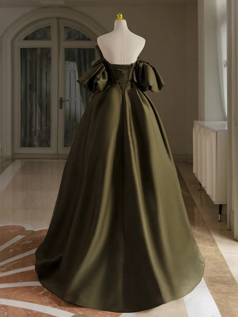 Buyishang A-Line Puff Sleeves Olive Green Satin Long Prom Dress Olive Green Long Formal Dress