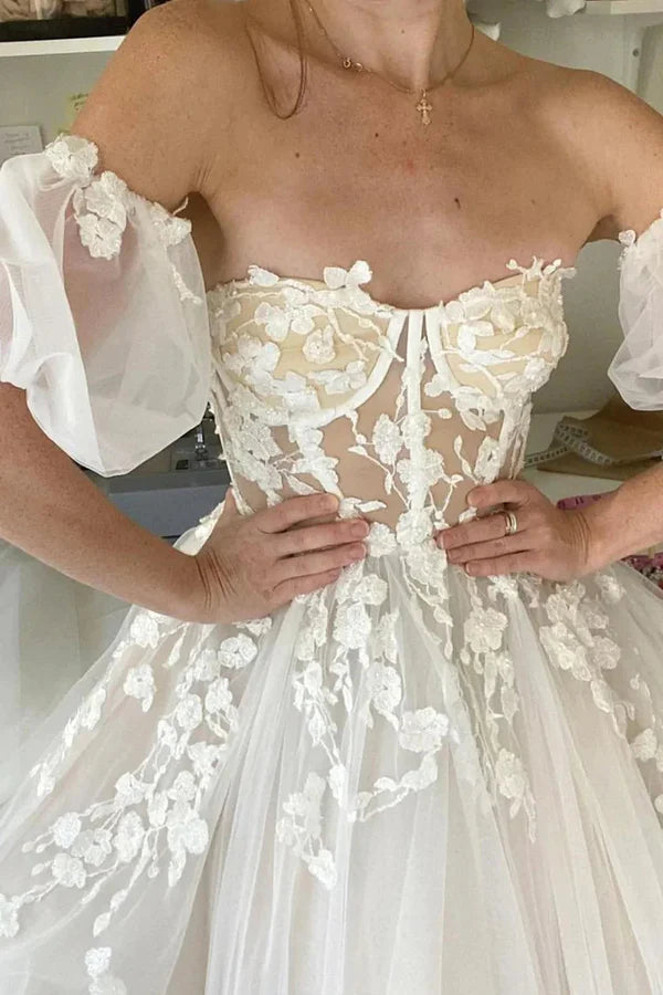 Buyishang Princess A Line Off the Shoulder White Wedding Dress with Appliques