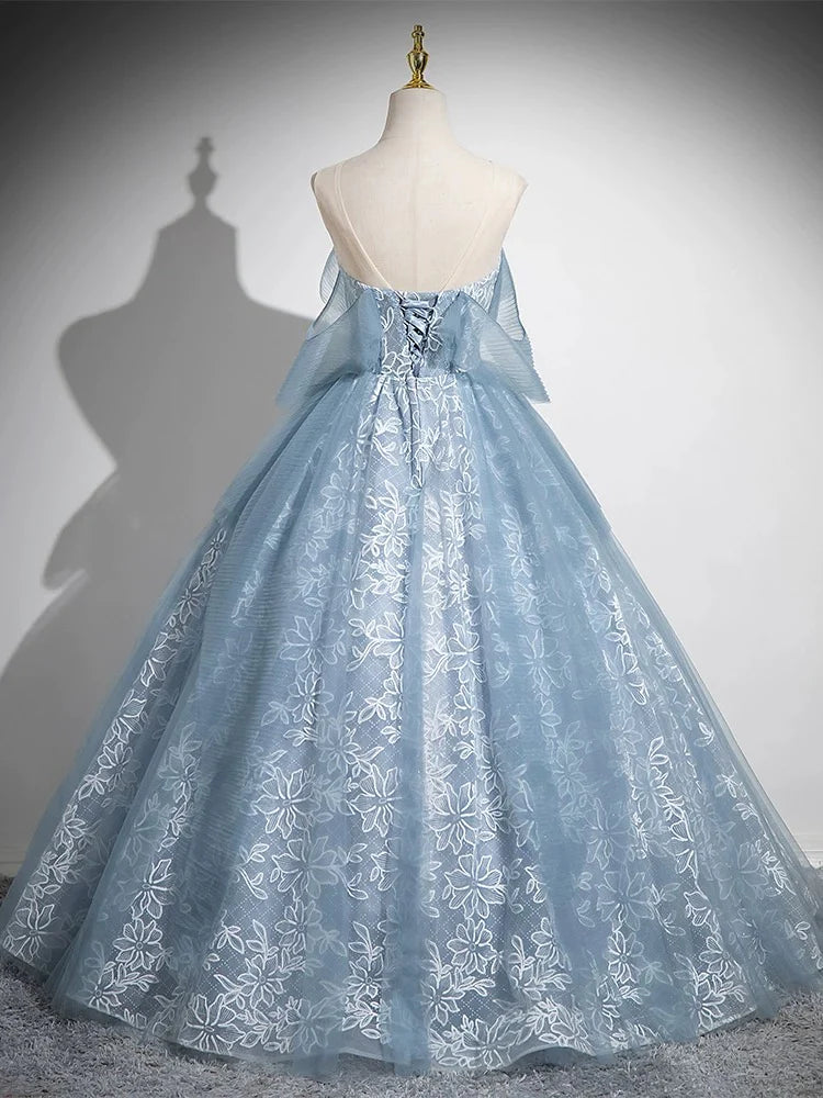 Buyishang A-Line Sweetheart Neck Tulle Lace Gray Blue Long Prom Dress Gray Blue Evening Dress