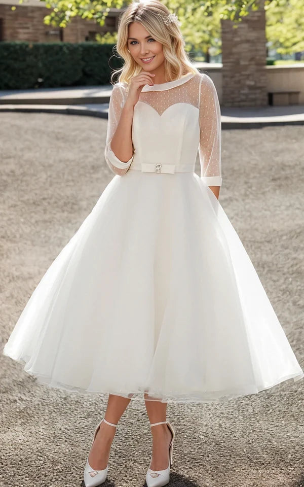 Buyishang Tea-Length A-Line Bateau Neck Illusion Sleeve Bowed Tulle Wedding Dress