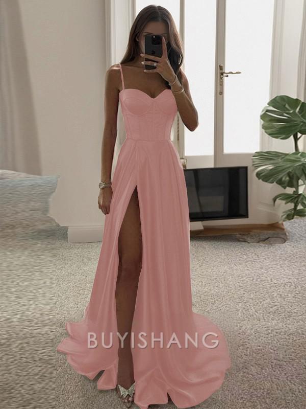Buyishang A-line Spaghetti Straps Ruffles Sweep Train Silk Like Satin Corset Dress