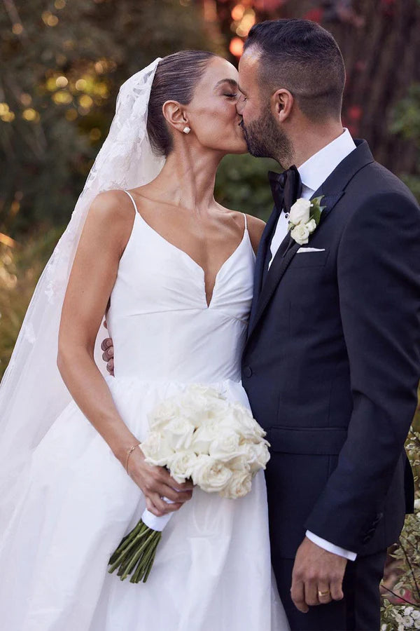 Buyishang A-Line White Satin Spaghetti Straps Backless Wedding Dresses