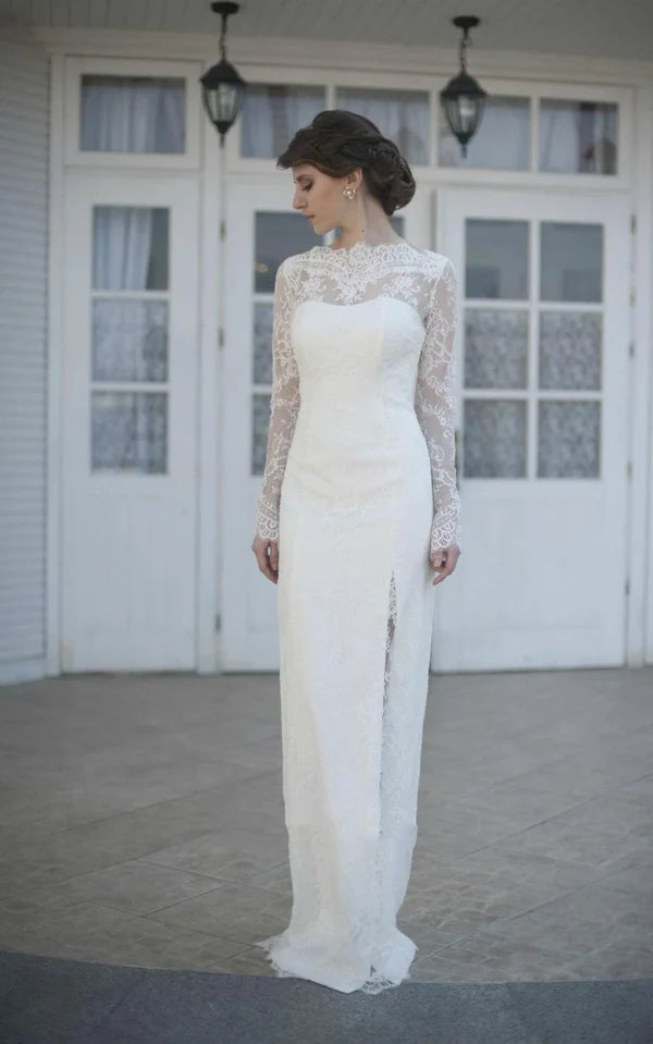 Buyishang Gorgeous High-Neck Long Illusion Sleeve Mermaid Bridal Gown With Split Side