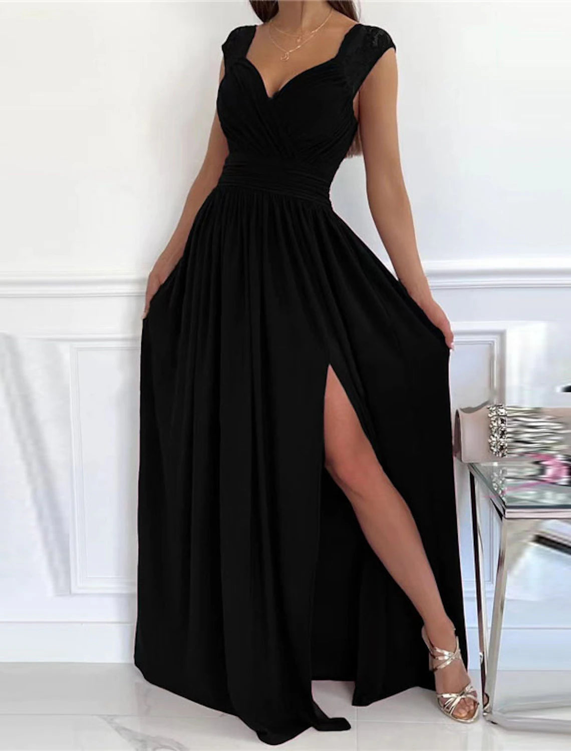 Women's Party Dress Lace Dress Homecoming Dress Swing Dress Long Dress Maxi Dress Black Purple Pink Sleeveless Pure Color Split Backless Spring Summer V Neck Evening Party