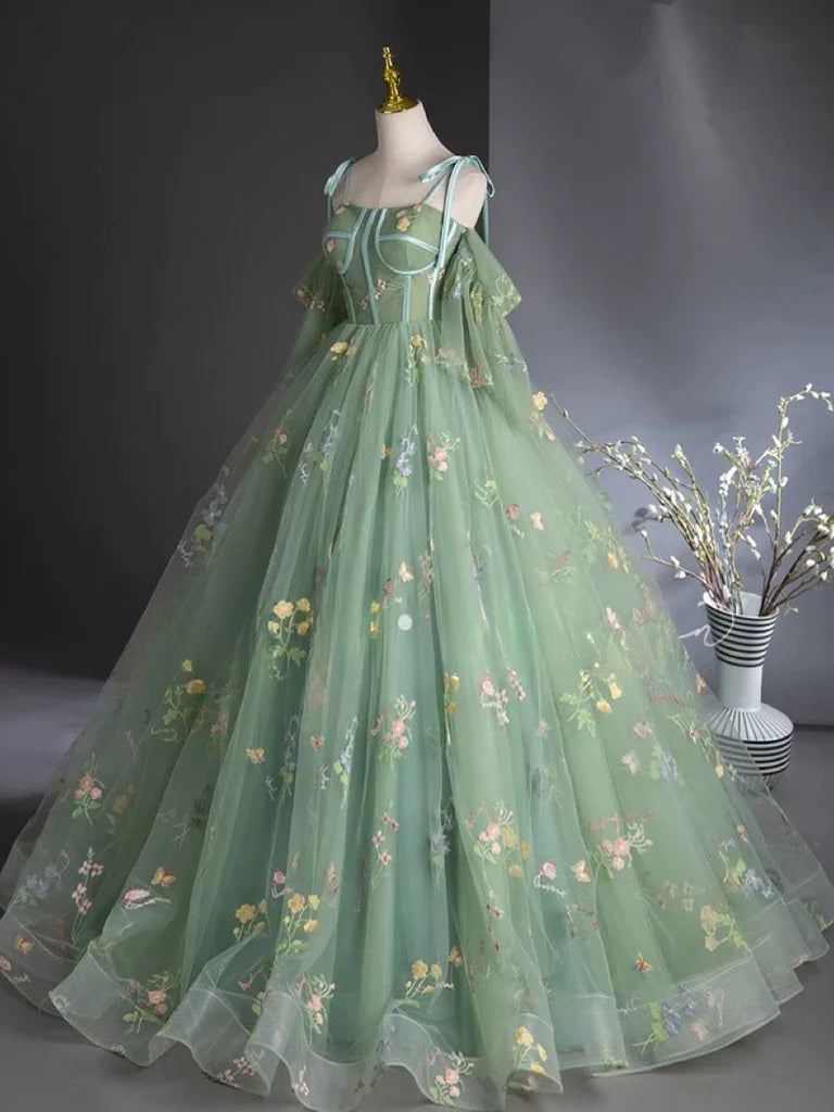 Buyishang A-Line Sweetheart Neck Tulle Lace Green Long Prom Dress