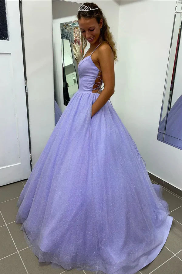 Purple Spaghetti Strap V-Neck Long Prom Dress A-Line Backless Evening Dress