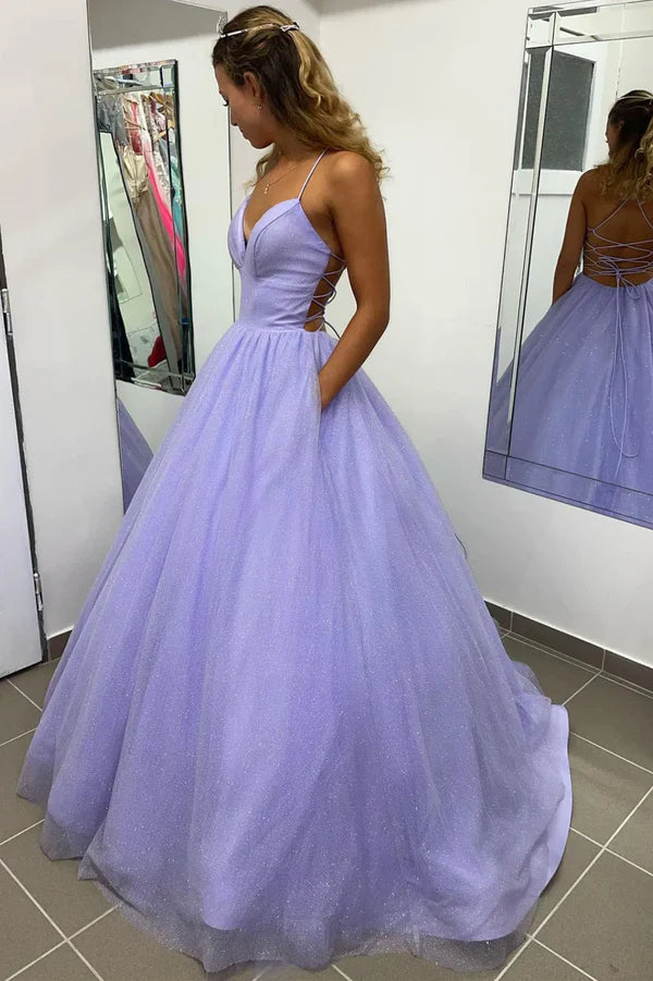 Purple Spaghetti Strap V-Neck Long Prom Dress A-Line Backless Evening Dress