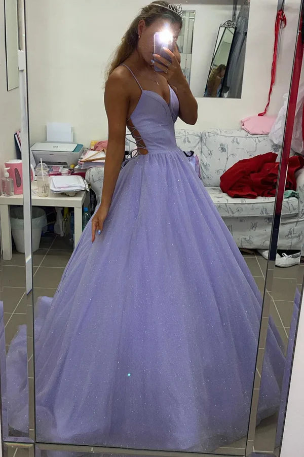 Purple Spaghetti Strap V-Neck Long Prom Dress A-Line Backless Evening Dress
