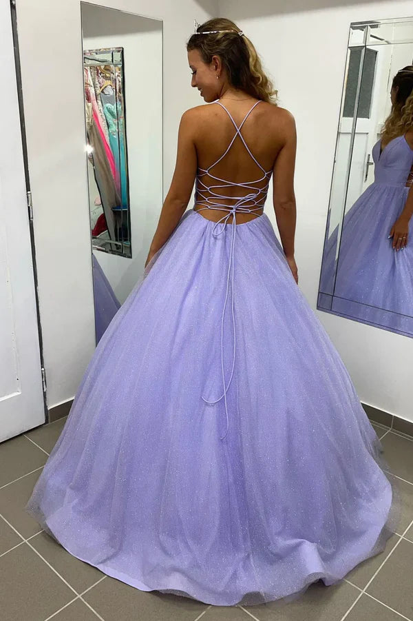 Purple Spaghetti Strap V-Neck Long Prom Dress A-Line Backless Evening Dress