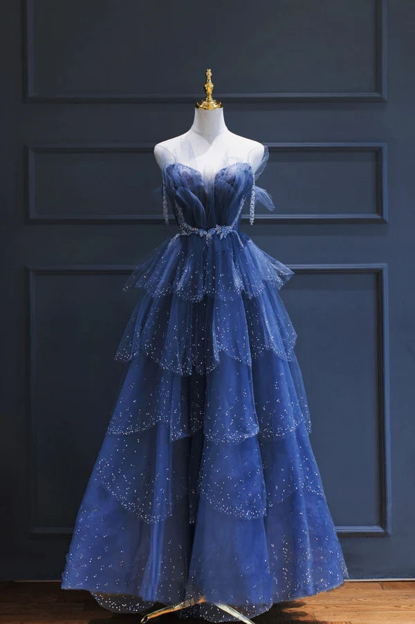 Blue Tulle Beaded Long Senior Prom Dress A-Line Strapless Evening Party Dress