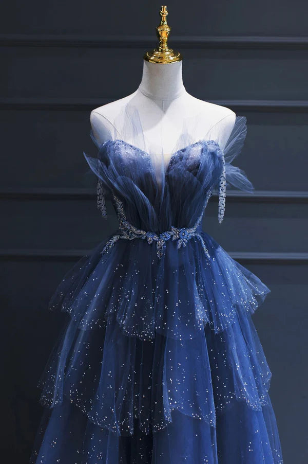 Blue Tulle Beaded Long Senior Prom Dress A-Line Strapless Evening Party Dress
