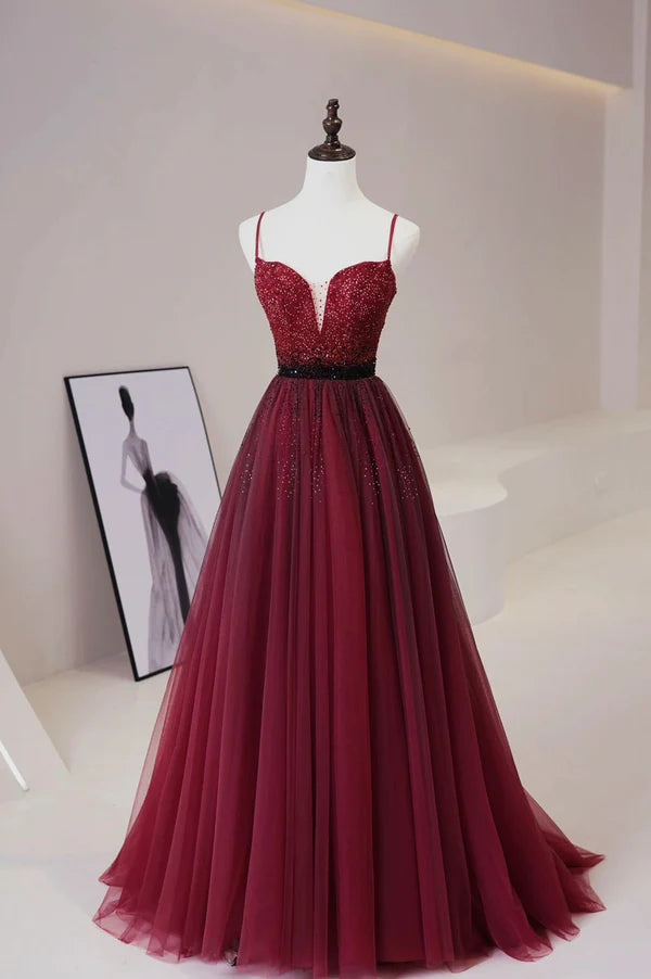 Burgundy Tulle Long Prom Dress with Beaded Spaghetti Straps Evening Dress