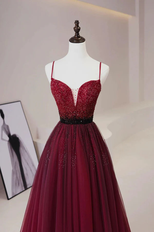 Burgundy Tulle Long Prom Dress with Beaded Spaghetti Straps Evening Dress