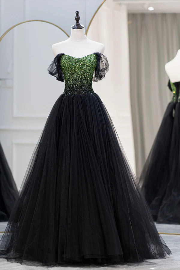 Black Tulle Long Prom Dress with Beaded Off the Shoulder Formal Evening Dress