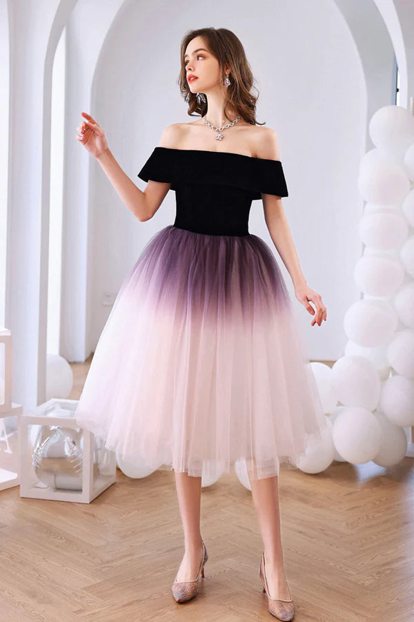 Cute Gradient Tulle Short Prom Dress Pageant Dress Off the Shoulder Evening Party Dress