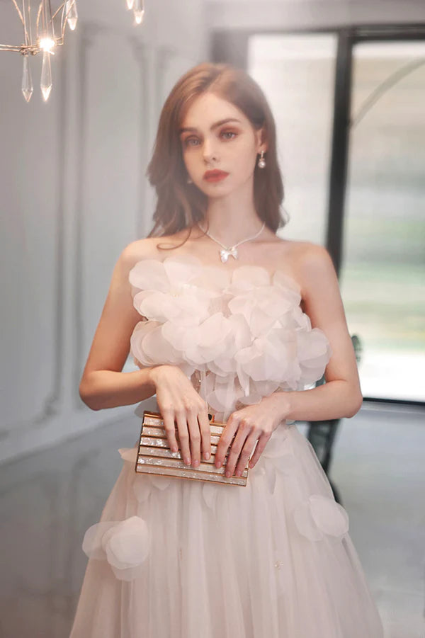 White Flowers Long A-Line Prom Dress Strapless Evening Party Dress