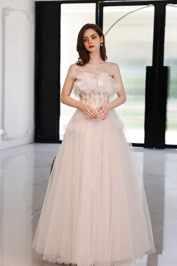 White Flowers Long A-Line Prom Dress Strapless Evening Party Dress